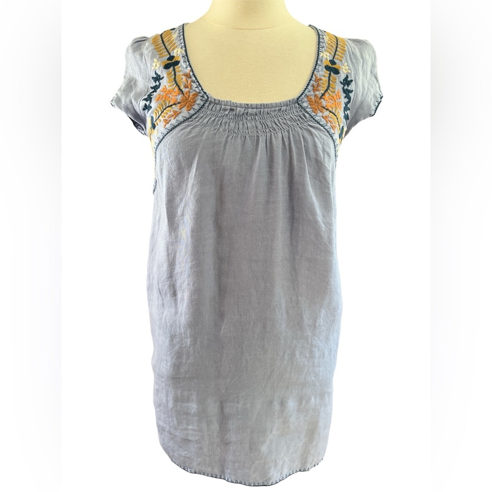 Zara Light Blue Flax Pullover Mini Dress with Colorful Embroidery Size XS